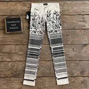 Diesel Black Gold Petrah Womens 28 Black White Printed Slim Trousers NWT